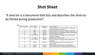 Shot Sheet
“A shot list is a document that lists and describes the shots to
be filmed during production”.
 