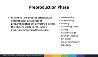 Preproduction Phase
• In general, the preproduction phase
encompasses all aspects of
preparation that are performed before
the camera starts to roll. Some
aspects of preproduction include:
– Screenwriting
– Storyboarding
– Funding
– Assembling a crew
– Casting
– Costume Design
– Location Scouting
– Set Design
– Properties (“props”)
– Scheduling
 