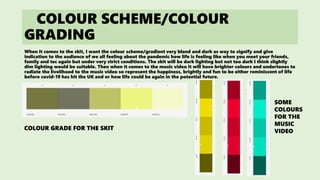 COLOUR SCHEME/COLOUR
GRADING
When it comes to the skit, I want the colour scheme/gradient very bland and dark as way to signify and give
indication to the audience of we all feeling about the pandemic how life is feeling like when you meet your friends,
family and tec again but under very strict conditions. The skit will be dark lighting but not too dark I think slightly
dim lighting would be suitable. Then when it comes to the music video it will have brighter colours and undertones to
radiate the livelihood to the music video so represent the happiness, brightly and fun to be either reminiscent of life
before covid-19 has hit the UK and or how life could be again in the potential future.
COLOUR GRADE FOR THE SKIT
SOME
COLOURS
FOR THE
MUSIC
VIDEO
 