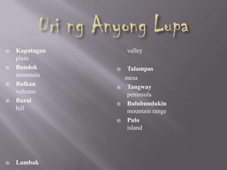  Kapatagan
plain
 Bundok
mountain
 Bulkan
volcano
 Burol
hill
 Lambak
valley
 Talampas
mesa
 Tangway
peninsula
 Bulubundukin
mountain range
 Pulo
island
 