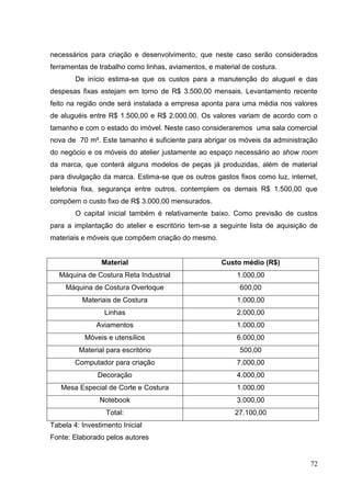 necessários para criação e desenvolvimento, que neste caso serão considerados
ferramentas de trabalho como linhas, aviamentos, e material de costura.
De início estima-se que os custos para a manutenção do aluguel e das
despesas fixas estejam em torno de R$ 3.500,00 mensais. Levantamento recente
feito na região onde será instalada a empresa aponta para uma média nos valores
de aluguéis entre R$ 1.500,00 e R$ 2.000.00. Os valores variam de acordo com o
tamanho e com o estado do imóvel. Neste caso consideraremos uma sala comercial
nova de 70 m². Este tamanho é suficiente para abrigar os móveis da administração
do negócio e os móveis do atelier justamente ao espaço necessário ao show room
da marca, que conterá alguns modelos de peças já produzidas, além de material
para divulgação da marca. Estima-se que os outros gastos fixos como luz, internet,
telefonia fixa, segurança entre outros, contemplem os demais R$ 1.500,00 que
compõem o custo fixo de R$ 3.000,00 mensurados.
O capital inicial também é relativamente baixo. Como previsão de custos
para a implantação do atelier e escritório tem-se a seguinte lista de aquisição de
materiais e móveis que compõem criação do mesmo.

Material

Custo médio (R$)

Máquina de Costura Reta Industrial

1.000,00

Máquina de Costura Overloque

600,00

Materiais de Costura

1.000,00

Linhas

2.000,00

Aviamentos

1.000,00

Móveis e utensílios

6.000,00

Material para escritório

500,00

Computador para criação

7.000,00

Decoração

4.000,00

Mesa Especial de Corte e Costura

1.000,00

Notebook

3.000,00

Total:

27.100,00

Tabela 4: Investimento Inicial
Fonte: Elaborado pelos autores

72

 
