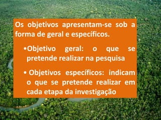 Os objetivos apresentam-se sob a
forma de geral e específicos.
  •Objetivo geral: o que se
   pretende realizar na pesquisa
  • Objetivos específicos: indicam
   o que se pretende realizar em
   cada etapa da investigação
 