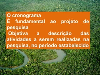 O cronograma
É fundamental ao projeto de
pesquisa
Objetiva    a    descrição    das
atividades a serem realizadas na
pesquisa, no período estabelecido
 
