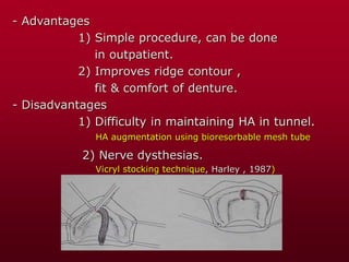 - Advantages
1) Simple procedure, can be done
in outpatient.
2) Improves ridge contour ,
fit & comfort of denture.
- Disadvantages
1) Difficulty in maintaining HA in tunnel.
2) Nerve dysthesias.
HA augmentation using bioresorbable mesh tube
Vicryl stocking technique, Harley , 1987)
 