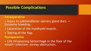 Possible Complications
Intraoperative
• Injury to submandibular salivary gland duct. •
Excessive bleeding.
• Laceration of the mylohyoid muscle.
• Tearing of the flap.
Postoperative
• Life threatening hemorrhage in the floor of the
mouth—infection—airway obstruction.
 