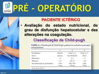 PACIENTE ICTÉRICO
• Avaliação do estado nutricional, do
grau de disfunção hepatocelular e das
alterações na coagulação.
Classificação de Child-pugh
PRÉ - OPERATÓRIO
 