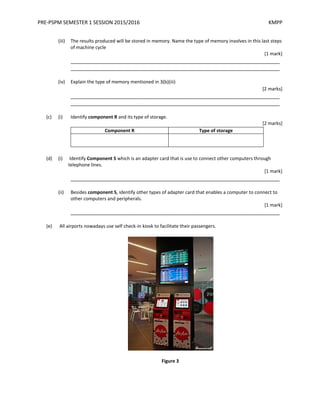 PRE-PSPM SEMESTER 1 SESSION 2015/2016 KMPP
(iii) The results produced will be stored in memory. Name the type of memory involves in this last steps
of machine cycle
[1 mark]
_________________________________________________________________________
_________________________________________________________________________
(iv) Explain the type of memory mentioned in 3(b)(iii)
[2 marks]
_________________________________________________________________________
_________________________________________________________________________
(c) (i) Identify component R and its type of storage.
[2 marks]
Component R Type of storage
(d) (i) Identify Component S which is an adapter card that is use to connect other computers through
telephone lines.
[1 mark]
_________________________________________________________________________
(ii) Besides component S, identify other types of adapter card that enables a computer to connect to
other computers and peripherals.
[1 mark]
_________________________________________________________________________
(e) All airports nowadays use self check-in kiosk to facilitate their passengers.
Figure 3
 