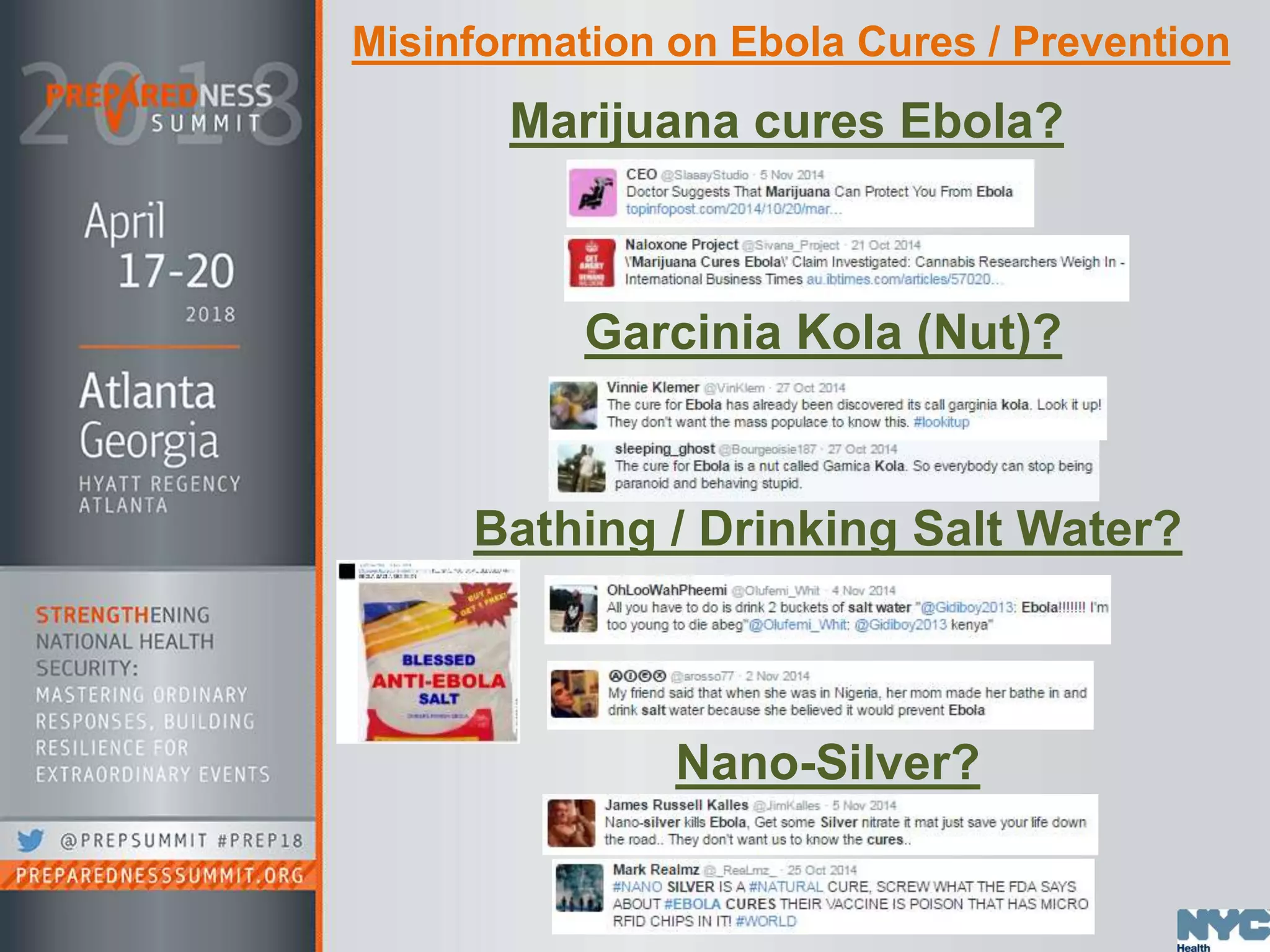Misinformation on Ebola Cures / Prevention
Marijuana cures Ebola?
Garcinia Kola (Nut)?
Bathing / Drinking Salt Water?
Nano-Silver?
 