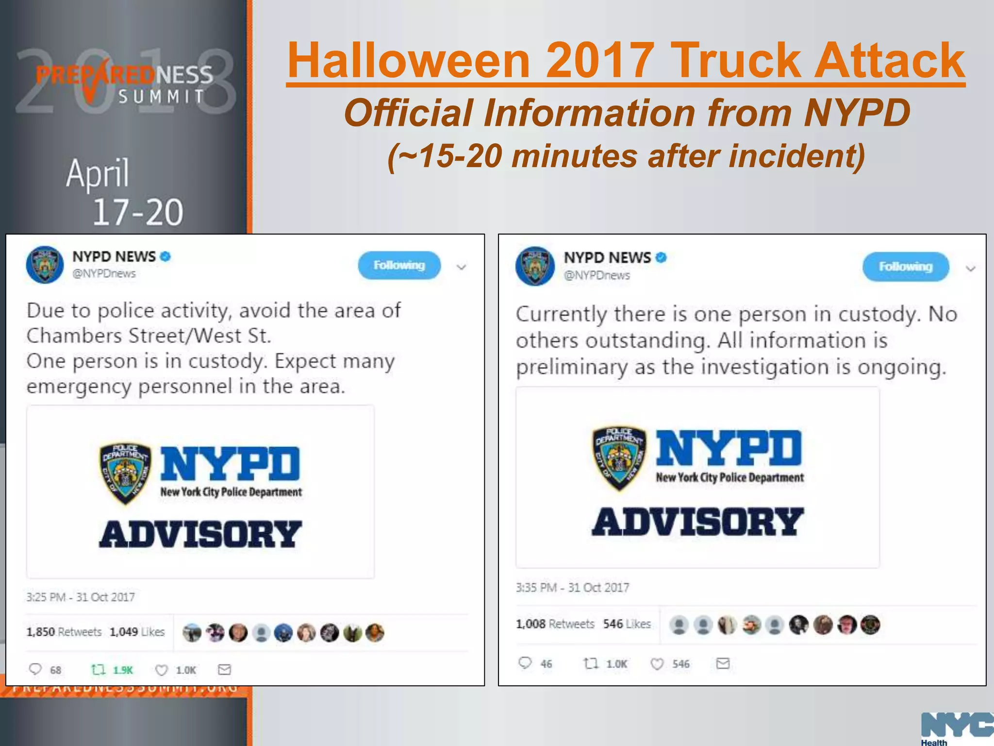 Halloween 2017 Truck Attack
Official Information from NYPD
(~15-20 minutes after incident)
 