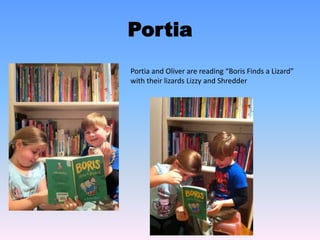 Patrick
I just chose some of the books I like best. I am reading one of my favourite picture books
“A Year on our Farm” in the photo. Our dog Buster’s favourite book is “Dinosaur” and
when we took this photo for my Shelfie he was trying to turn the page!
 