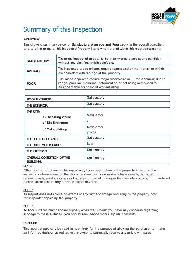 Pre Purchase Building Inspection Report Template