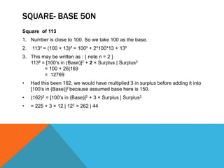 SQUARE- BASE 50N
Square of 113
1. Number is close to 100. So we take 100 as the base.
2. 113² = (100 + 13)² = 100² + 2*100*13 + 13²
3. This may be written as : { note n = 2 }
113² = [100’s in (Base)]2 + 2 × Surplus | Surplus2
= 100 + 26|169
= 12769
• Had this been 162, we would have multiplied 3 in surplus before adding it into
[100’s in (Base)]2 because assumed base here is 150.
• (162)2 = [100’s in (Base)]2 + 3 × Surplus | Surplus2
• = 225 + 3 × 12 | 122 = 262 | 44
 