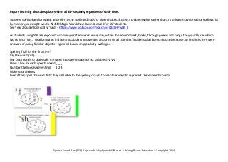 Speech Sound Pics (SSP) Approach ~ MySpeedySSP.com ~ Wiring Brains Education ~ Copyright 2014
Inquiry Learning also takes place within all SSP sessions, regardless of Code Level.
Students spell unfamiliar words, and refer to the Spelling Clouds for likely choices. Students problem solve, rather than try to learn how to read or spell words
by memory, or as sight words. All 440 Magic Words have been decoded for SSP students.
See Year 2 students decoding ‘said’ - https://www.youtube.com/watch?v=QbcEHPwXK_E
As students using SSP are exposed to so many written words, every day, within the environment, books, through poems and songs, they quickly see which
words ‘look right.’ Oral language, including vocabulary knowledge, also brings it all together. Students play Speech Sound Detective, to find links they were
unaware of, using familiar objects – eg cereal boxes, chip packets, wall signs.
Spelling ‘fish’ for the first time?
Say the word (fish)
Use Duck Hands to orally split the word into speech sounds (not syllables) V V V
Draw a line for each speech sound _ _ _
Number the lines (segmenting) 1 2 3
Make your choices.
Even if they spell the word ‘fish’ they still refer to the spelling clouds, to see other ways to represent these speech sounds.
 