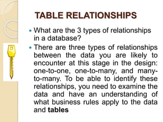 TABLE RELATIONSHIPS
 What are the 3 types of relationships
in a database?
 There are three types of relationships
between the data you are likely to
encounter at this stage in the design:
one-to-one, one-to-many, and many-
to-many. To be able to identify these
relationships, you need to examine the
data and have an understanding of
what business rules apply to the data
and tables
 