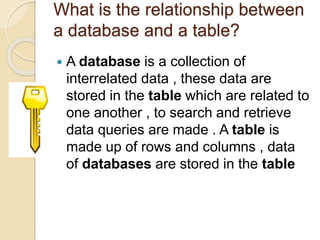 What is the relationship between
a database and a table?
 A database is a collection of
interrelated data , these data are
stored in the table which are related to
one another , to search and retrieve
data queries are made . A table is
made up of rows and columns , data
of databases are stored in the table
 