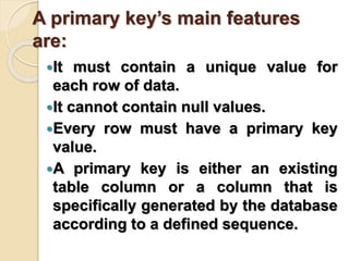 A primary key’s main features
are:
It must contain a unique value for
each row of data.
It cannot contain null values.
Every row must have a primary key
value.
A primary key is either an existing
table column or a column that is
specifically generated by the database
according to a defined sequence.
 