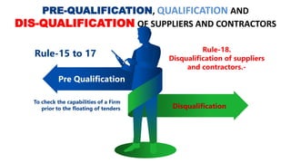 PRE-QUALIFICATION, QUALIFICATION AND
DIS-QUALIFICATION OF SUPPLIERS AND CONTRACTORS
Pre Qualification
Disqualification
To check the capabilities of a Firm
prior to the floating of tenders
Rule-15 to 17 Rule-18.
Disqualification of suppliers
and contractors.-
 
