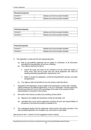 5. Letter of Application
Personnel Inquiries
Contract 1 Address and Communication facilities
Contract 2 Address and Communication facilities
Technical Inquiries
Contract 1 Address and Communication facilities
Contract 2 Address and Communication facilities
Financial Inquiries
Contract 1 Address and Communication facilities
Contract 2 Address and Communication facilities
6. This application is made with the full understanding that:
(a) Bids by pre-qualified Applicants will be subject to verification of all information
submitted for prequalification at the time of bidding;
(b) Your Agency reserves the right to:
• amend the scope and value of any contracts to be bid under this project; in
which event, bids will be invited only from those Applicants who meet the
resulting amended prequalification requirements; and
• Reject or accept any application, cancel the prequalification process, and reject
all applications.
(c) Your Agency shall not be liable for any such actions under 6(b) above.
7. Appended to this Application, we give details of the participation of each party, including
capital contribution & profit/loss agreements, in the JV or association. We also specify the
financial commitment in terms of the percentage of the value of the contract and the
responsibilities for execution of the contract.
8. We confirm that if we bid, as well as any resulting contract will be:
(a) Signed so as to legally bind all partners, jointly and severally; and
(b) submitted with a joint venture agreement providing the joint and several liability of
all partners in the event the contract is awarded to us.
9. The undersigned declare that the statements made and the information provided in the
duly completed application are complete, true, and correct in every detail.
[See Annex B, Part 1, Section 2 for the suggested number of slices]
Prequalification Document for Extension of Hospital Infrastructure (Including 200 Bedded Inpatient Building)
23
 