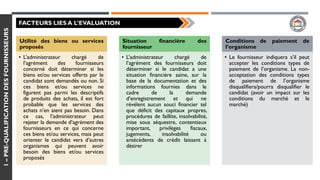 1–PRE-QUALIFICATIONDESFOURNISSEURS
Utilité des biens ou services
proposés
• L’administrateur chargé de
l’agrément des fournisseurs
concerné doit déterminer si les
biens et/ou services offerts par le
candidat sont demandés ou non. Si
ces biens et/ou services ne
figurent pas parmi les descriptifs
de produits des achats, il est fort
probable que les services des
achats n’en aient pas besoin. Dans
ce cas, l’administrateur peut
rejeter la demande d’agrément des
fournisseurs en ce qui concerne
ces biens et/ou services, mais peut
orienter le candidat vers d’autres
organismes qui peuvent avoir
besoin des biens et/ou services
proposés
Situation financière des
fournisseur
• L’administrateur chargé de
l’agrément des fournisseurs doit
déterminer si le candidat a une
situation financière saine, sur la
base de la documentation et des
informations fournies dans le
cadre de la demande
d’enregistrement et qui ne
révèlent aucun souci financier tel
que déficit des capitaux propres,
procédures de faillite, insolvabilité,
mise sous séquestre, contentieux
important, privilèges fiscaux,
jugements, insolvabilité ou
antécédents de crédit laissant à
désirer
Conditions de paiement de
l’organisme
• Le fournisseur indiquera s’il peut
accepter les conditions types de
paiement de l’organisme. La non-
acceptation des conditions types
de paiement de l’organisme
disqualifiera/pourra disqualifier le
candidat (avoir un impact sur les
conditions du marché et le
marché)
FACTEURS LIES A L’EVALUATION
 