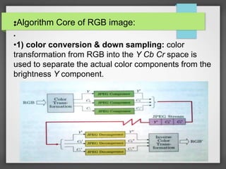 •Algorithm Core of RGB image:•
•
•1) color conversion & down sampling: color
transformation from RGB into the Y Cb Cr space is
used to separate the actual color components from the
brightness Y component.
 