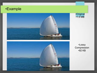 •Example
•Original
•1.5 MB
•Lossy
Compression
•92 KB
 