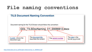 File naming conventions
http://www.data.cam.ac.uk/files/gdl_tilsdocnaming_v1_20090612.pdf
 