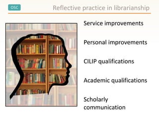 OSC
Service improvements
Personal improvements
CILIP qualifications
Academic qualifications
Scholarly
communication
Reflective practice in librarianship
 