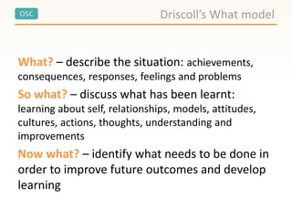 OSC Driscoll’s What model
What? – describe the situation: achievements,
consequences, responses, feelings and problems
So what? – discuss what has been learnt:
learning about self, relationships, models, attitudes,
cultures, actions, thoughts, understanding and
improvements
Now what? – identify what needs to be done in
order to improve future outcomes and develop
learning
 