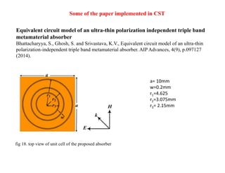 Some of the paper implemented in CST
Equivalent circuit model of an ultra-thin polarization independent triple band
metamaterial absorber
Bhattacharyya, S., Ghosh, S. and Srivastava, K.V., Equivalent circuit model of an ultra-thin
polarization-independent triple band metamaterial absorber. AIP Advances, 4(9), p.097127
(2014).
a= 10mm
w=0.2mm
r1=4.625
r2=3.075mm
r3= 2.15mm
fig 18. top view of unit cell of the proposed absorber
 