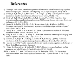 References
1) Veselago, V. G. (1968). The Electrodynamics of Substances with Simultaneously Negative
Values of Img Align= Absmiddle Alt= ϵ Eps/Img and μ. Physics-Uspekhi, 10(4), 509-514.
2) Pendry, J. B., Holden, A. J., Stewart, W. J., & Youngs, I. (1996). Extremely low frequency
plasmons in metallic mesostructures. Physical review letters, 76(25), 4773.
3) Pendry, J. B., Holden, A. J., Robbins, D. J., & Stewart, W. J. (1999). Magnetism from
conductors and enhanced nonlinear phenomena. IEEE transactions on microwave theory and
techniques, 47(11), 2075-2084.
4) Smith, D. R., Padilla, W. J., Vier, D. C., Nemat-Nasser, S. C., & Schultz, S. (2000).
Composite medium with simultaneously negative permeability and permittivity. Physical
review letters, 84(18), 4184.
5) Shelby, R. A., Smith, D. R., & Schultz, S. (2001). Experimental verification of a negative
index of refraction. science, 292(5514), 77-79.
6) Fang, N., Lee, H., Sun, C., & Zhang, X. (2005). Sub–diffraction-limited optical imaging with
a silver superlens. Science, 308(5721), 534-537 6).
7) Cummer, S. A., Popa, B. I., Schurig, D., Smith, D. R., & Pendry, J. (2006). Full-wave
simulations of electromagnetic cloaking structures. Physical Review E, 74(3), 036621.
8) Lapine, M. (2009). Tunable metamaterials: the key step to practical application. In Society of
Photo-Optical Instrumentation Engineers.
9) Alaee, R., Albooyeh, M., & Rockstuhl, C. (2017). Theory of metasurface based perfect
absorbers. Journal of Physics D: Applied Physics, 50(50), 503002
10) D. R. Smith, D. C. Vier, Th. Koschny, and C. M. Soukoulis, (2005) “Electromagnetic
parameter retrieval from inhomogeneous metamaterials,” Physical Review E, Vol. 71, pp.
036617
 