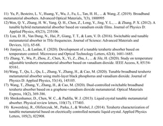 11) Yu, P., Besteiro, L. V., Huang, Y., Wu, J., Fu, L., Tan, H. H., ... & Wang, Z. (2019). Broadband
metamaterial absorbers. Advanced Optical Materials, 7(3), 1800995
12) Wen, Q. Y., Zhang, H. W., Yang, Q. H., Chen, Z., Long, Y., Jing, Y. L., ... & Zhang, P. X. (2012). A
tunable hybrid metamaterial absorber based on vanadium oxide films. Journal of Physics D:
Applied Physics, 45(23), 235106.
13) Luu, D. H., Van Dung, N., Hai, P., Giang, T. T., & Lam, V. D. (2016). Switchable and tunable
metamaterial absorber in THz frequencies. Journal of Science: Advanced Materials and
Devices, 1(1), 65-68.
14) Jianjun, L., & Lanlan, F. (2020). Development of a tunable terahertz absorber based on
temperature control. Microwave and Optical Technology Letters, 62(4), 1681-1685.
15) Zhang, Y., Wu, P., Zhou, Z., Chen, X., Yi, Z., Zhu, J., ... & Jile, H. (2020). Study on temperature
adjustable terahertz metamaterial absorber based on vanadium dioxide. IEEE Access, 8, 85154-
85161.
16) Wang, T., Qu, L., Qu, L., Zhang, Y., Zhang, H., & Cao, M. (2020). Tunable broadband terahertz
metamaterial absorber using multi-layer black phosphorus and vanadium dioxide. Journal of
Physics D: Applied Physics, 53(14), 145105.
17) Wang, T., Zhang, Y., Zhang, H., & Cao, M. (2020). Dual-controlled switchable broadband
terahertz absorber based on a graphene-vanadium dioxide metamaterial. Optical Materials
Express, 10(2), 369-386.
18) Shrekenhamer, D., Chen, W. C., & Padilla, W. J. (2013). Liquid crystal tunable metamaterial
absorber. Physical review letters, 110(17), 177403.
19) Kowerdziej, R., Olifierczuk, M., Parka, J., & Wrobel, J. (2014). Terahertz characterization of
tunable metamaterial based on electrically controlled nematic liquid crystal. Applied Physics
Letters, 105(2), 022908.
 