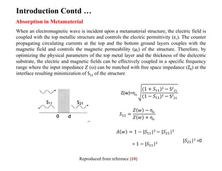 Absorption in Metamaterial
When an electromagnetic wave is incident upon a metamaterial structure, the electric field is
coupled with the top metallic structure and controls the electric permittivity (εr). The counter
propagating circulating currents at the top and the bottom ground layers couples with the
magnetic field and controls the magnetic permeability (µr) of the structure. Therefore, by
optimizing the physical parameters of the top metal layer and the thickness of the dielectric
substrate, the electric and magnetic fields can be effectively coupled in a specific frequency
range where the input impedance Z (ω) can be matched with free space impedance (Z0) at the
interface resulting minimization of S11 of the structure
Reproduced from reference [10]
Introduction Contd …
𝐴 𝑤 = 1 − |𝑆11|2 − |𝑆21|2
= 1 − |𝑆11|2
𝑆11 =
𝑍 𝑤 − ηo
𝑍 𝑤 + ηo
|𝑆21|2 =0
Z(w)=ηo
(1 + 𝑆11)2 − S2
21
(1 − 𝑆11)2 − S2
21
 