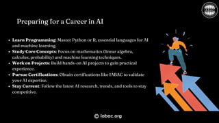 Learn Programming: Master Python or R, essential languages for AI
and machine learning.
Study Core Concepts: Focus on mathematics (linear algebra,
calculus, probability) and machine learning techniques.
Work on Projects: Build hands-on AI projects to gain practical
experience.
Pursue Certifications: Obtain certifications like IABAC to validate
your AI expertise.
Stay Current: Follow the latest AI research, trends, and tools to stay
competitive.
Preparing for a Career in AI
iabac.org
 