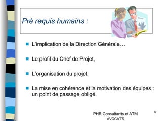 Pré requis humains : L’implication de la Direction Générale… Le profil du Chef de Projet, L’organisation du projet, La mise en cohérence et la motivation des équipes : un point de passage obligé. 