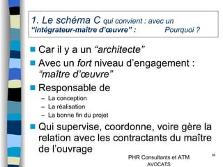 1. Le schéma C  qui convient : avec un  “intégrateur-maître d’œuvre” :  Pourquoi ? Car il y a un  “architecte” Avec un  fort  niveau d’engagement :  “maître d’œuvre” Responsable de  La conception La réalisation La bonne fin du projet Qui supervise, coordonne, voire gère la relation avec les contractants du maître de l’ouvrage 