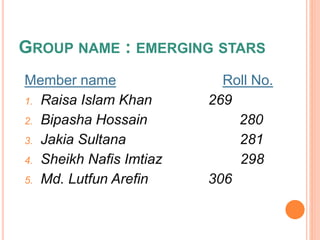 GROUP NAME : EMERGING STARS
Member name Roll No.
1. Raisa Islam Khan 269
2. Bipasha Hossain 280
3. Jakia Sultana 281
4. Sheikh Nafis Imtiaz 298
5. Md. Lutfun Arefin 306
 