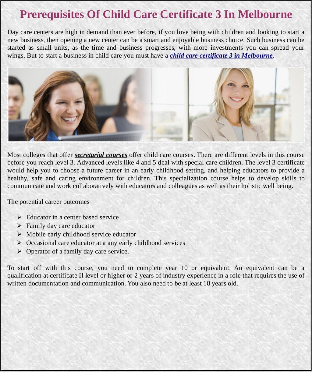 Prerequisites Of Child Care Certificate 3 In Melbourne Prerequisites Of Child Care Certificate 3 In Melbourne