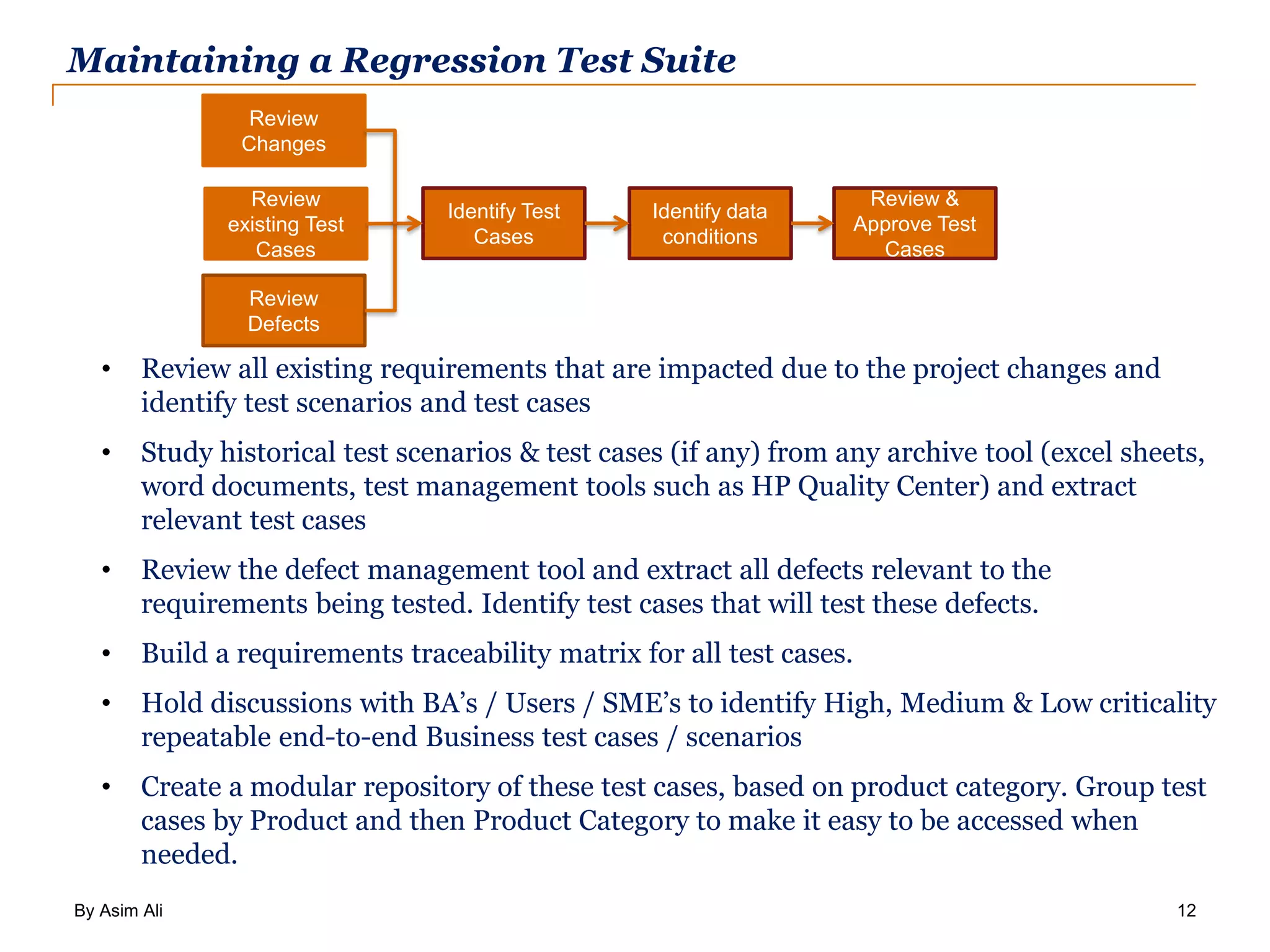 By Asim Ali 12 Maintaining a Regression Test Suite Review Defects Review Changes Identify Test Cases Identify data conditions Review & Approve Test Cases Review existing Test Cases • Review all existing requirements that are impacted due to the project changes and identify test scenarios and test cases • Study historical test scenarios & test cases (if any) from any archive tool (excel sheets, word documents, test management tools such as HP Quality Center) and extract relevant test cases • Review the defect management tool and extract all defects relevant to the requirements being tested. Identify test cases that will test these defects. • Build a requirements traceability matrix for all test cases. • Hold discussions with BA’s / Users / SME’s to identify High, Medium & Low criticality repeatable end-to-end Business test cases / scenarios • Create a modular repository of these test cases, based on product category. Group test cases by Product and then Product Category to make it easy to be accessed when needed. 