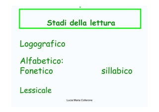 • 
Stadi della lettura
Logografico
Alfabetico:
Fonetico sillabico
Lessicale
Lucia Maria Collerone
 