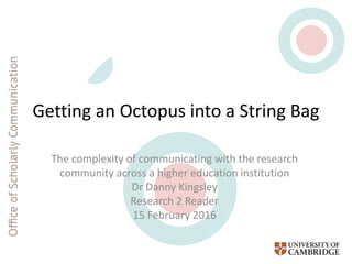 Getting an Octopus into a String Bag
The complexity of communicating with the research
community across a higher education institution
Dr Danny Kingsley
Research 2 Reader
15 February 2016
 