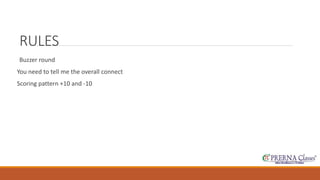 RULES 
Buzzer round 
You need to tell me the overall connect 
Scoring pattern +10 and -10 
 