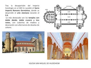 Tras la desaparición del Imperio
Carolingio en el 843 le sucedió el Sacro
Imperio Romano Germánico, donde se
desarrolló el arte otoniano durante el
S.X.
Lo más destacado son los templos con
doble ábside, doble crucero y tres
naves, con cubiertas de madera y
decoración con alternancia de dovelas de
colores.
.
IGLESIA SAN MIGUEL DE HILDESHEIM
 