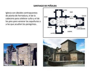 SANTIAGO DE PEÑALBA
Iglesia con ábsides contrapuestos
de planta de herradura, el de la
cabecera para celebrar culto y el de
los pies para venerar las sepulturas a
a las que acudían los peregrinos.
 