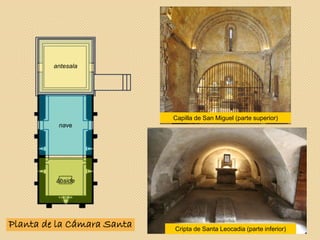 Planta de la Cámara Santa
Capilla de San Miguel (parte superior)
Cripta de Santa Leocadia (parte inferior)
ábside
nave
antesala
 