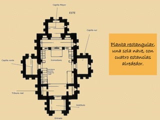 Planta rectangular,
una sola nave, con
cuatro estancias
alrededor.
 