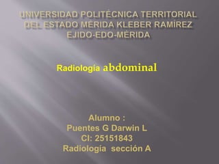 Radiología abdominal
Alumno :
Puentes G Darwin L
CI: 25151843
Radiología sección A
 