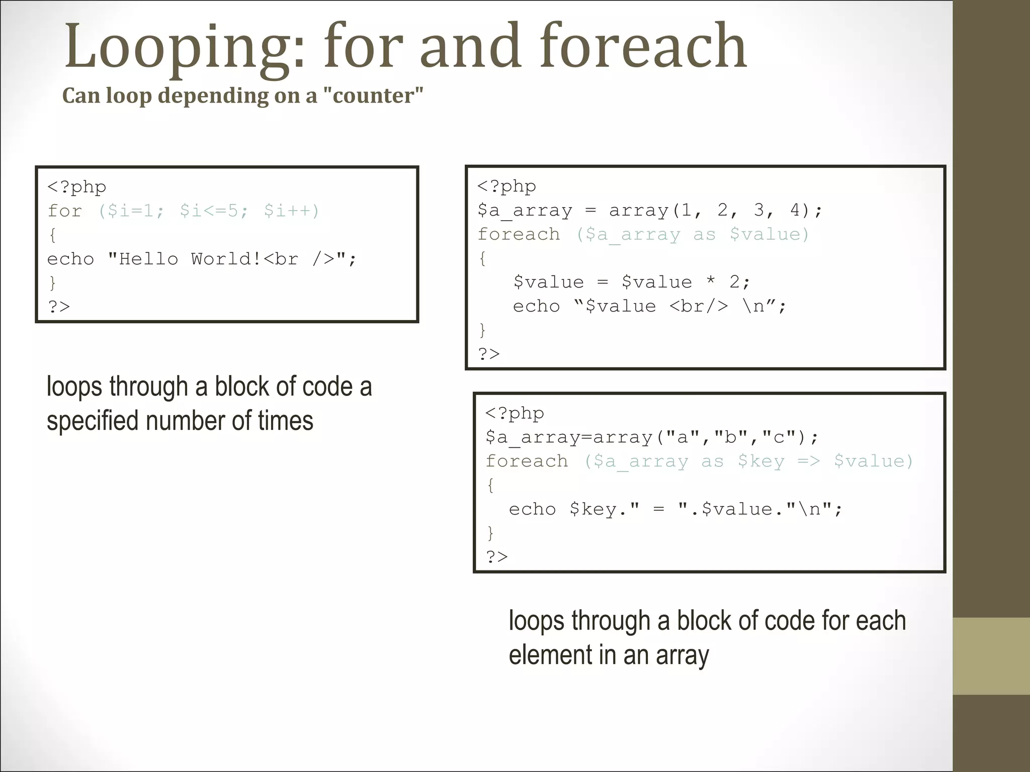 Looping: for and foreach
Can loop depending on a "counter"
<?php
for ($i=1; $i<=5; $i++)
{
echo "Hello World!<br />";
}
?>
loops through a block of code a
specified number of times
<?php
$a_array = array(1, 2, 3, 4);
foreach ($a_array as $value)
{
$value = $value * 2;
echo “$value <br/> n”;
}
?>
loops through a block of code for each
element in an array
<?php
$a_array=array("a","b","c");
foreach ($a_array as $key => $value)
{
echo $key." = ".$value."n";
}
?>
 