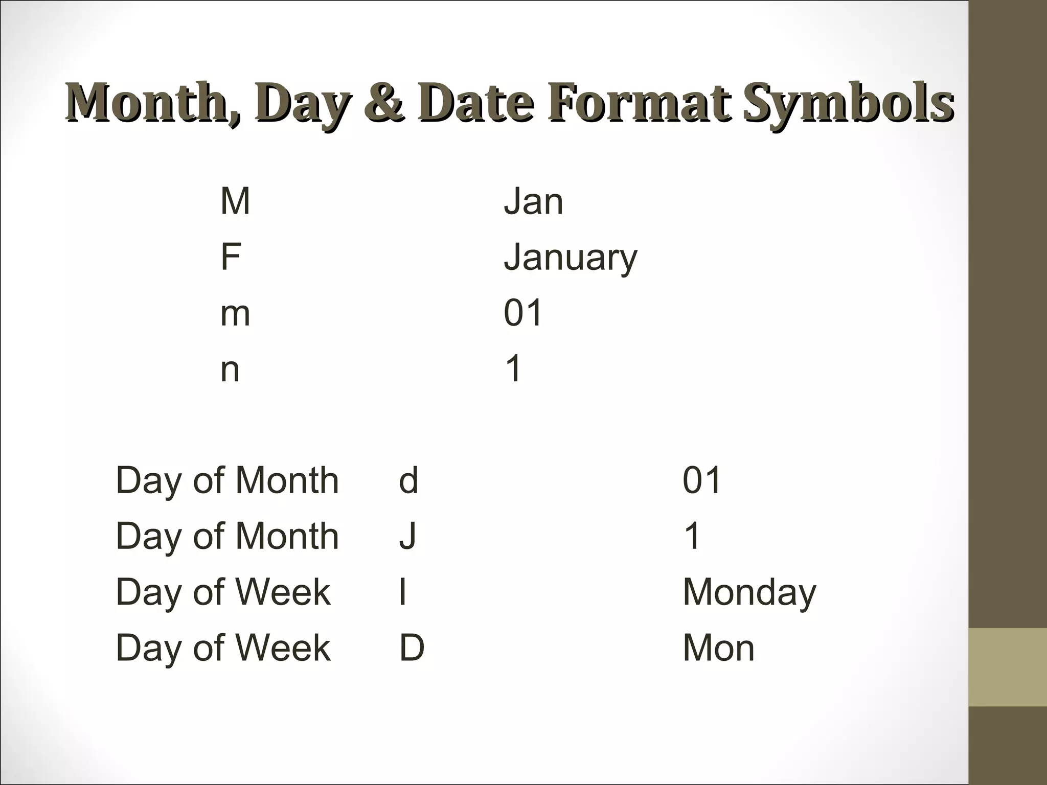 Month, Day & Date Format SymbolsMonth, Day & Date Format Symbols
M Jan
F January
m 01
n 1
Day of Month d 01
Day of Month J 1
Day of Week l Monday
Day of Week D Mon
 