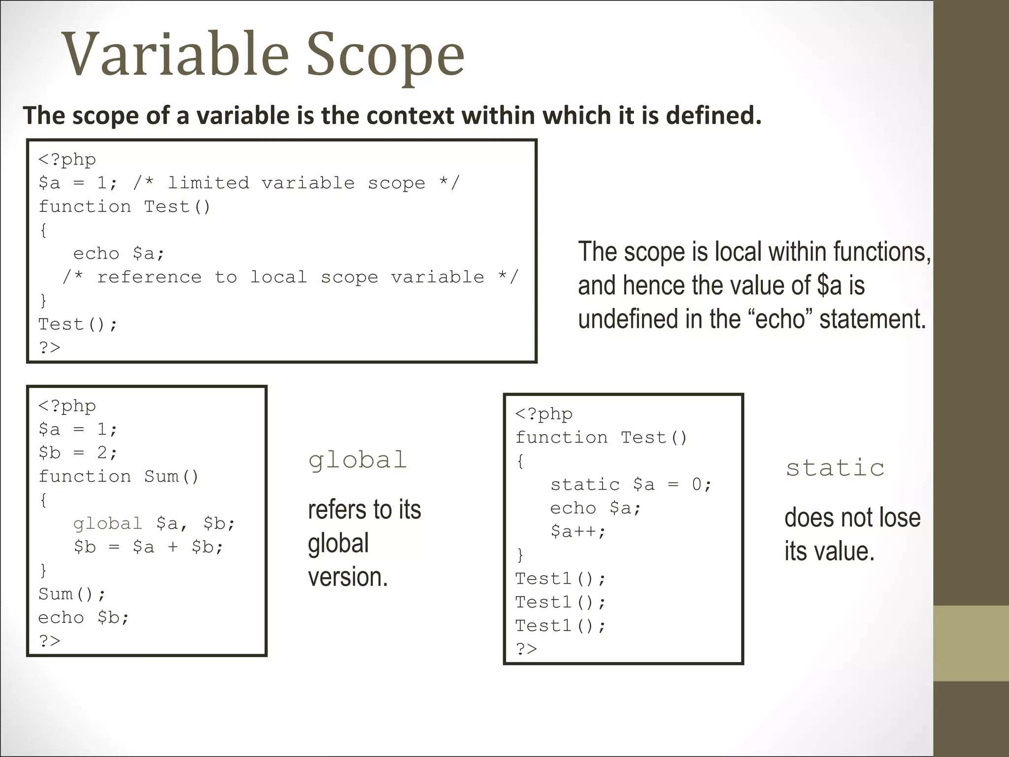 Variable Scope
The scope of a variable is the context within which it is defined.
<?php
$a = 1; /* limited variable scope */
function Test()
{
echo $a;
/* reference to local scope variable */
}
Test();
?>
The scope is local within functions,
and hence the value of $a is
undefined in the “echo” statement.
<?php
$a = 1;
$b = 2;
function Sum()
{
global $a, $b;
$b = $a + $b;
}
Sum();
echo $b;
?>
global
refers to its
global
version.
<?php
function Test()
{
static $a = 0;
echo $a;
$a++;
}
Test1();
Test1();
Test1();
?>
static
does not lose
its value.
 