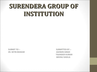 SURENDERA GROUP OFSURENDERA GROUP OF
INSTITUTIONINSTITUTION
SUBMIT TO :- SUBMITTED BY :-
ER. NITIN BHAKAR ASHWIN SINGH
TAJENDER KUMAR
MEENU SHEELA
 